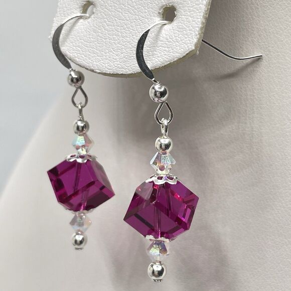Sterling Silver Made With Swarovski Crystals Magenta AB White Beaded Earrings - Picture 3 of 5
